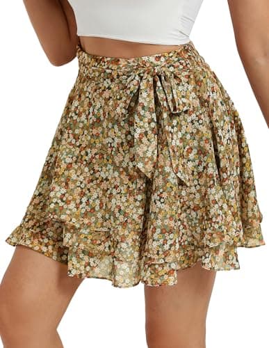 Belle Poque Women's Flowy Ruffle Mini Skirt with Shorts Underneath Elastic Waist Boho Skirt Floral Mini Skirt Summer Trendy 2026 Multicolored Flowers Print M - Image 1