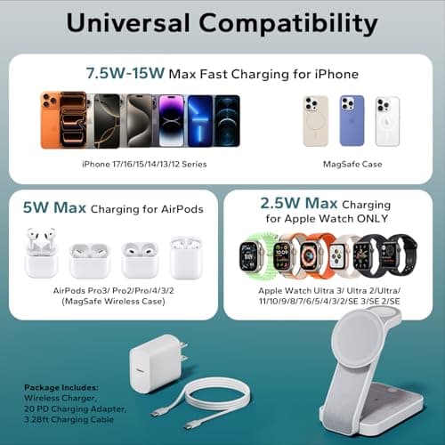 Eazpower 3 in 1 Foldable Wireless Travel Charging Station for MagSafe, Nightstand Magnetic Charger Stand for iPhone 17 16 15 14 Pro Max, Charging Dock with Night Light for Apple Watch/AirPods (White) - Thumbnail 5