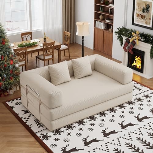 BSHOMGI 4-in-1 Foldable Sofa Bed Teddy Fabric Foam-Filled Compressed Couch, Convertible Loveseat Sofa, Boneless FoldingSleeper for Living Room, Guest Bed, Playroom (Beige, 59” 2 Seat) - Image 1