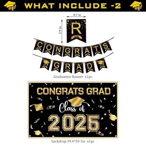 2026 Black Gold Graduation Party Decorations Set - Congrats Grad Backdrop, Banner, Tablecloth, Card Box, 45 Advice Cards & Cupcake Toppers for Class of 2026 Party Supplies - Thumbnail 3