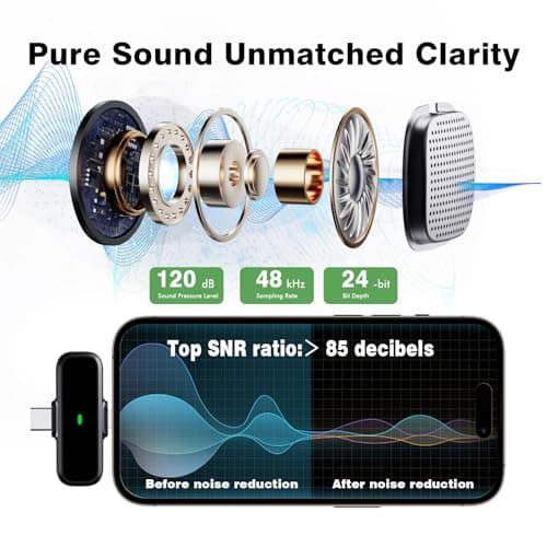 BKIY Wireless Lavalier Microphone for iPhone/Android - Dual Mini Noise Canceling Mic with Charging Case(30H), USB-C/Lightning Clip-on Microphone for Video Recording Streaming Podcast Vlogging(Black) - Thumbnail 2