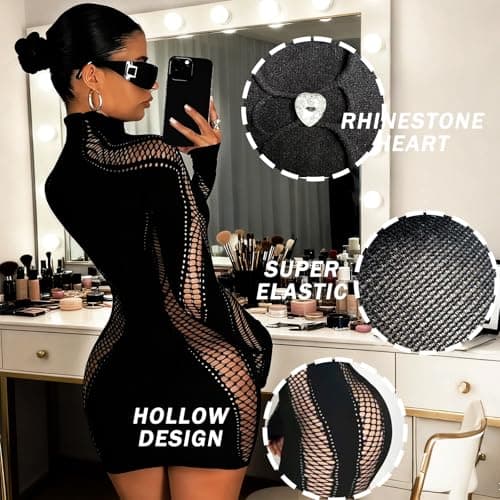 Linzdvay Sexy Long Sleeve Club Outfits for Women, High Neck Bodycon Mini Going Out Dresses Hollowed Out Rhinestone Tight Short Birthday Party Dress Black Valentine 2026 - Thumbnail 4