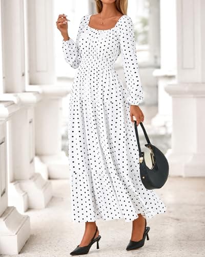 BTFBM Long Sleeve Dress for Women 2026 Spring Fall Boho Floral Square Neck Casual Flowy Long Wedding Guest Maxi Dresses(Polka Dot White Black, X-Large) - Thumbnail 6
