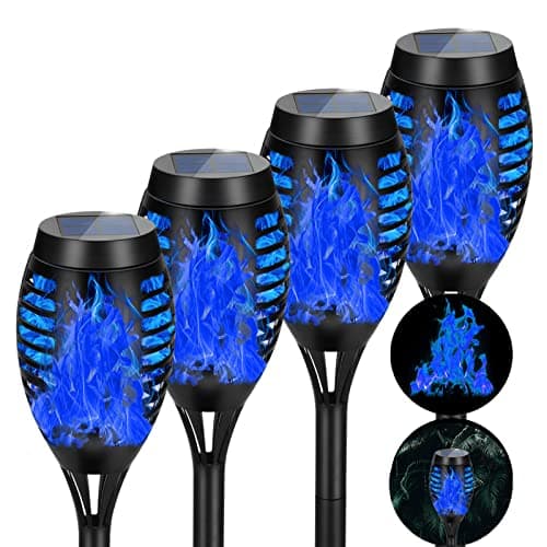 AOUNQ 4 Pack Solar Torch Lights Outdoor Waterproof - Blue Flickering Flame, Outdoor Solar Garden Lights for Yard, Tiki Torches for Outside Patio Pathway Decorations - Image 1