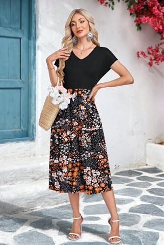 WNEEDU Casual Dresses for Women Sundress Hawaiian Womens Summer Dresses 2026 Vestidos Casuales para Mujer Boho Dress Cruise Outfits with Pocket Graduation Vacation Midi Dress,BK PK OG Floral,M - Thumbnail 3