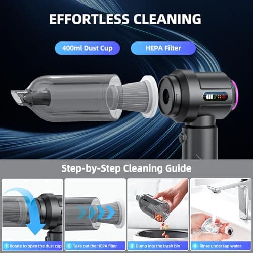 Kimdog Cordless Vacuum Cleaner - 22000PA Handheld Car Vacuum, 4-in-1 Portable Mini Air Duster Rechargeable, 3-Speed Small Powerful Gadgets & Gifts, for Home, Office, Mattress, Carpet, Pet (Black) - Thumbnail 6