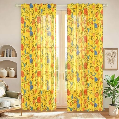 JOOJA Mustard Yellow Floral Linen Curtains, Boho Whimsical Bird Print Curtains for Bedroom Window Colorful Patterned Sheer Curtains for Living Room Kitchen 2 Panels 96 Inches Long - Image 1