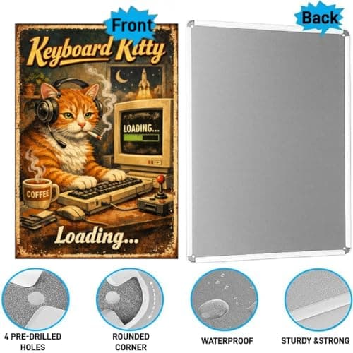 Keyboard Kitty Vintage Tin Sign Funny Cat Wall Decor Retro Computer Art Metal Plaque Geek Humor Loading Quote Coffee Desk Illustration Home Office 8x12 Inch Pre Drilled Holes - Thumbnail 5