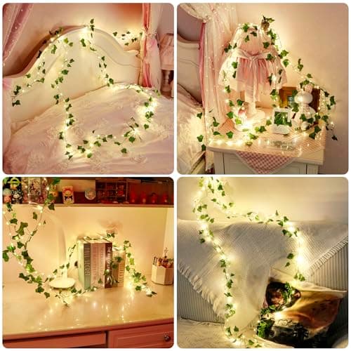 LHYLDS 33Ft Vines with Lights Battery Operated, 100 LED Artificial Ivy Garland String Lights Fake Green Leaf Fairy Light for Bedroom,Room,Wall Garden, Party, Wedding Birthday Party Decor (Warm White) - Thumbnail 5