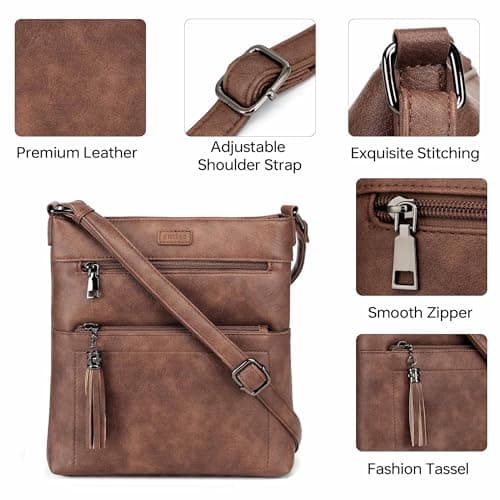Kiss Sea Leather Crossbody Bags for Women Casual Travel Cross Body Purse with Adjustable Strap Brown - Thumbnail 6