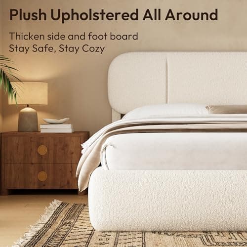 Uteeran Queen Size Bed Frame with Storage, Boucle Cloud Bed with 4 Locking Drawers & LED Lights, Modern Upholstered Platform Bed, Plush Sides & Footboard, Adjustable Headboard, No Box Spring, Beige - Thumbnail 5
