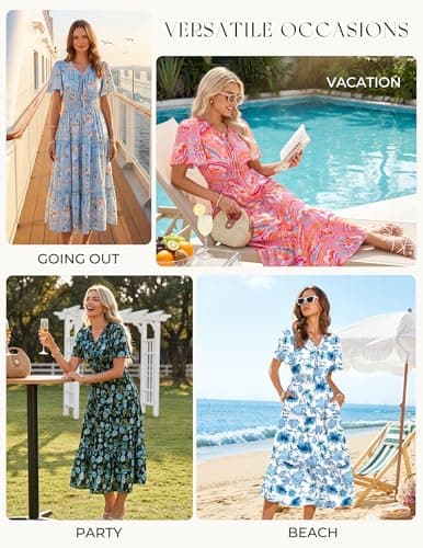 GRACE KARIN Womens Summer Floral Maxi Dresses 2026 Short Sleeve V Neck Dress Casual Flowy Beach Vacation Sundress with Pockets Pink Floral L - Thumbnail 6