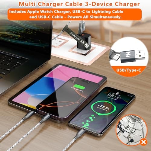 Multi Charging Cable for Apple Watch Charger 2FT, iPhone Charger USB A/C Multi Fast 3 in 1 Charging Cable for iWatch Ultra/SE/10-1 & iPhone16-5/Pro/Plus/iPad/iPod/Airpod - Thumbnail 3