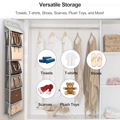 Lirex Over The Door Purse Organizer & Purse Shelf for Closet – Handbag Storage Organizer with Purse Hanger. Perfect for Scarves, Hats, and Leggings. S (11.8'' x 5'' x 51.6''), Light Grey - Thumbnail 5