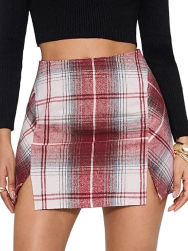 EXLURA Women's Fashion Faux Wool Mini Skirt High Waisted Y2K Trendy Side Slit Tweed Plaid Skirts 2025 Fall Winter Outfits Wine Red - Image 1