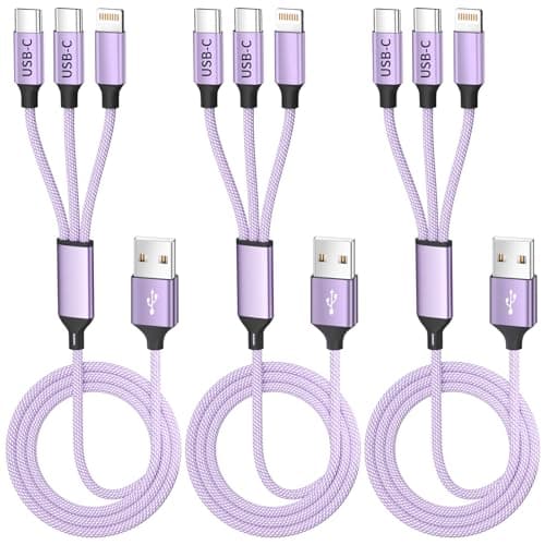 3Packs 4FT Multi Charging Cable with 2Type-C Port + 1Lightning Port, 3 in 1 USB Charging Cable for Multiple Devices, Universal iPhone Charger Cord for iPhone17/16/14/Android Phones and More, Purple - Image 1
