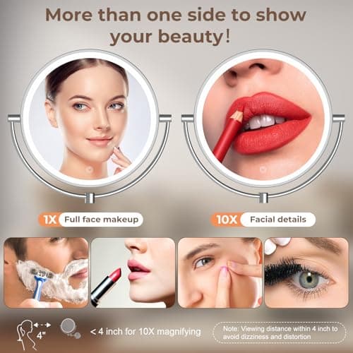 Rocollos 9" Plug-in Wall Mounted Lighted Makeup Mirror 1X/10X Magnification, Super Large Double Sided LED Vanity Mirror for Bathroom, 3 Color Dimmable 360°Swivel Extendable Shaving Cosmetic Mirror - Thumbnail 5
