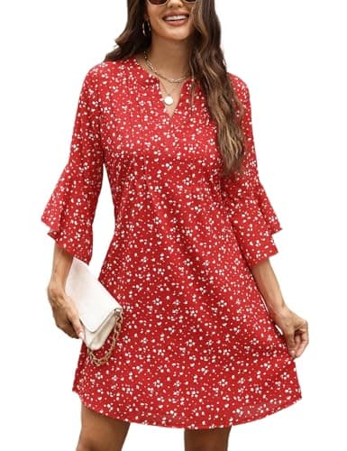 CiCiBird Summer Dresses for Women 3/4 Sleeve V Neck Dress Casual Vacation Clothes Red Print Small - Image 1