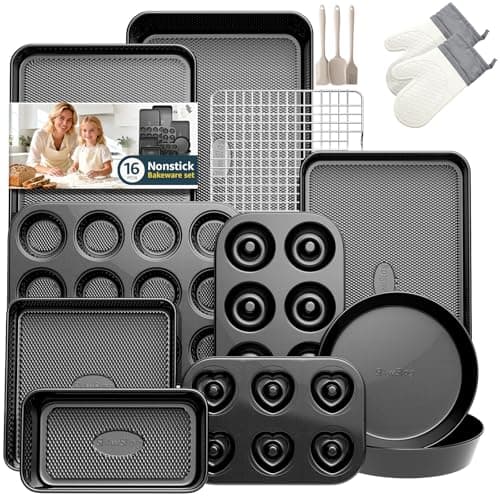 16-Piece Nonstick Bakeware Set with Oven Mitts, Donut Pan, and Heart Pan, Stackable Carbon Steel Baking Pans Set with Kitchen Utensils and Rack, Ceramic Coating, Black - Image 1