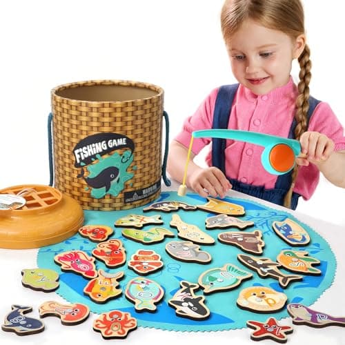 TOP BRIGHT Montessori Toddler Fishing Game - Kids Wooden Magnetic Fishing Toys Gifts for 3 Years Old Girls Boys, Fine Motor Skills for Toddler - Thumbnail 2
