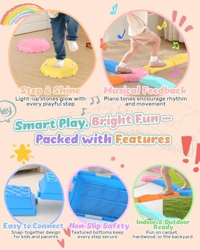 Holyton Music Light Up Balance Beam and Toddler Stepping Stones 13 Pieces, Non-Slip Plastic Balance Stackable Stepping Stones for Kids, Sensory Toys for Toddlers, Indoor or Outdoor Play, Easy Storage - Thumbnail 2