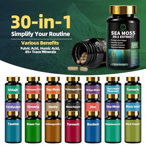 Shilajit for Men, Sea Moss and Shilajit Bundle, All in 1 Supplements with Coenzyme Q10, Black Seed, Ashwagandha, Taurine, Burdock for Energy, Endurance, Antioxidant & Immune Support, 240 Capsules - Thumbnail 6