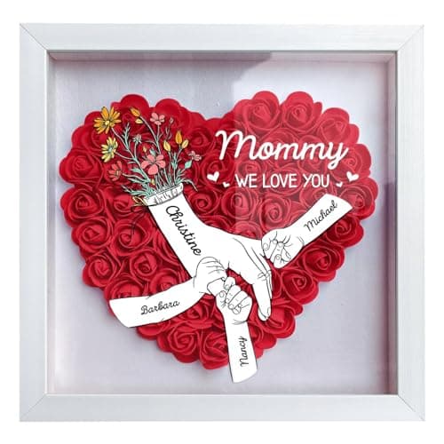 ROSLILY Custom Mom Flower Shadow Box Mom We Love You Flower Box Personalized Heart Shaped Name Frame for Mom Grandma Family Birthday (Hand by Hand, 8*8in/20*20cm) - Image 1