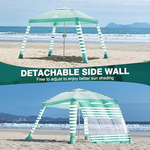 Rhino Valley Beach Cabana, 8 * 8FT Beach Tent UPF50+ Protection, Easy Setup Beach Canopy Wind Resistant with Cup Holder, Compact Beach Shade Foldable Beach Tent Sun Shelter, Green White - Thumbnail 5