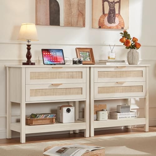 LEYAOYAO 31.5" Wide Rattan Night Stand Set 2 with Charger Station, Oversized Large Boho Nightstand with 2 Drawer, Grey White Bed Side End Tables, Tall Bedside Table for Bedroom Living Room, Hallway - Image 1