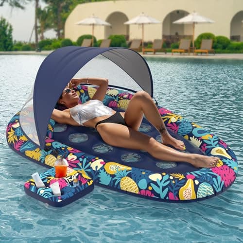 Sunikko X 3-in-1 Pool Floats with Canopy Cup Holder, Tanning Pool Large 73" x 48" Float Adult Heavy Duty, Inflatable Lounger Raft Floating Chair with Backrest, Swimming Pool Lake Beach Party - Image 1