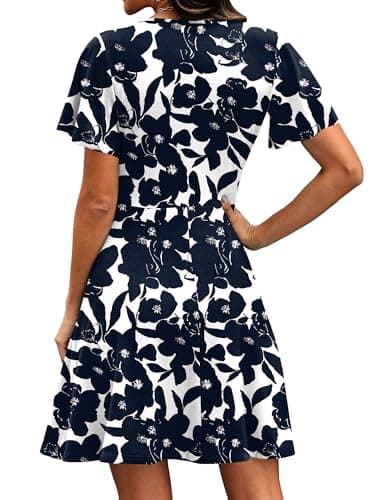 RUMIA Sundresses for Women 2026 Summer Beach Dresses Short Sleeve Empire Waist Church Wrap V Neck Dress Spring Clothes Floral Navy 02 XL - Thumbnail 5