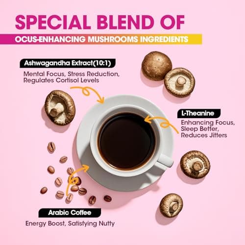 B BEWORTHS Mushrooms Coffee |10 Mushroom with Ashwagandha, Prebiotics, L-theanine, Lion's Mane, Reishi, Chaga, Turkey Tail, Arabica Instant Coffee Support Immune, Brain Focus, Gut Health | 60 Servings - Thumbnail 4