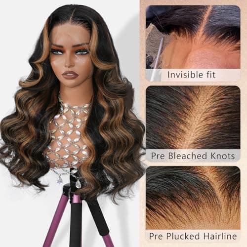 Body Wave 13x4 Full Frontal Lace Wig Skinlike HD Lace 0.10mm Ultra-thin Invisible 1B/30 Highlight Ombre Brown Colored Pre-plucked Tiny Knots Balayage Lace Front Wig 200% Density 20 Inch for Women - Thumbnail 5