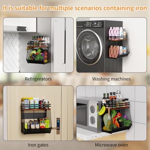 Couwilson Magnetic Shelf for Fridge with Wood Lid - Magnetic Spice Rack for Refrigerator， Mesh Design Large Shelf Basket, Shelves for Kitchen Pantry Storage Organizer for Food Fruit Veg (1Pack) - Thumbnail 5