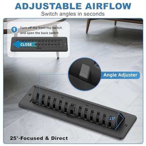 2x10 Floor Register with Vent Deflector, 2 in 1 Adjustable Floor Vent Covers, Floor Vent Deflector Includes Mounting Screws for Floor & Wall for Easy Install, Toe Kick Vent Cover, Black, 2 Pack - Thumbnail 5