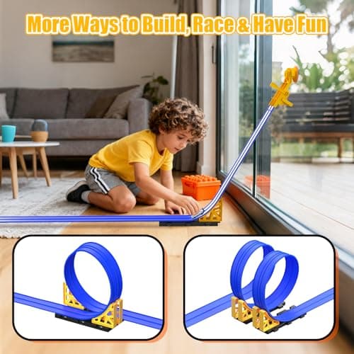 Flex Race Track 16 Ft with Start Gate Accessories Compatible with Diecast 1/64th Cars, Flexible Car Track Toys for Ages 3+ Kids Toddlers Roll Out Portable Racetrack (Blue) - Thumbnail 3