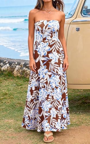 PRETTYGARDEN Women's Floral Maxi Dress 2026 Boho Off Shoulder Backless Flowy Spring Wedding Guest Dresses Long Sundress (Brown White Floral, Medium) - Thumbnail 4