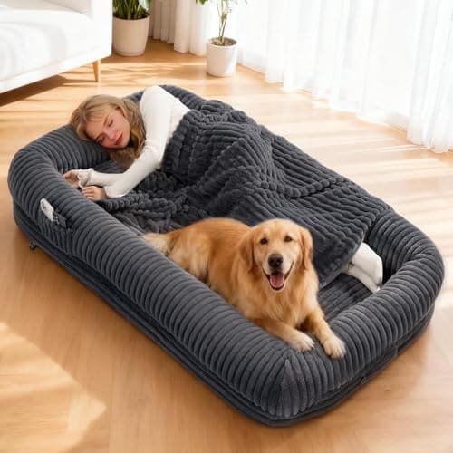 OtterOasis Foldable Human Dog Bed for Adult, Fluffy Faux Angora Human Sized Pet Bed with Blanket, Orthopedic Dog Bed with Egg Foam and Water Repellent Liner (Dark Grey (Surround), 72" Length) - Image 1