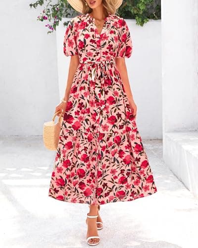 BTFBM Summer Dresses for Women 2026 Boho Short Sleeve V Neck Button Belt Flowy Spring Clothes Beach Vacation Maxi Dress(Floral Red Orange Pink, Medium) - Thumbnail 4