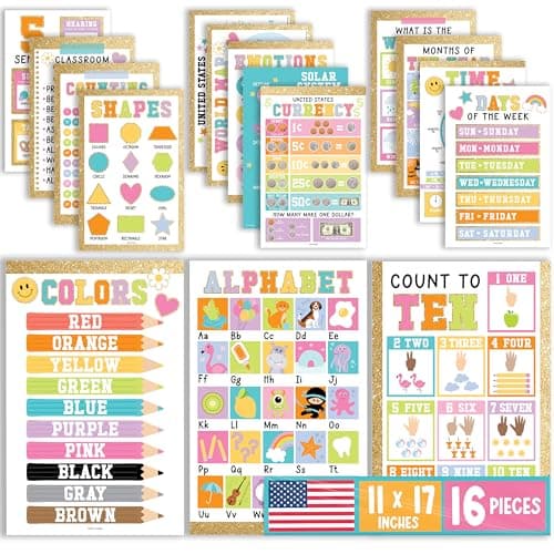 Hadley Designs 16 Educational Posters for Toddlers 1-3 - Learning Poster for Kids Ages 3-5, Alphabet Chart Playroom Homeschool Daycare & Classroom Decor, Kindergarten & Preschool Classroom Must Haves - Image 1