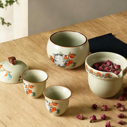 Mini Tea Cups,Cute Lucky Cat Cups,Small Tea Mugs,Porcelain Gongfu Tea set with 3 in 1,Tea Sets for Adults,Ceramic Tea Infuser Cup for Loose Leaf for Women/Tea Lovers/Birthday/Mother's Day (Green) - Thumbnail 3