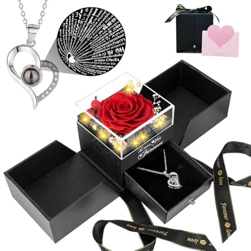 Preserved Red Real Rose, S925 Necklace with Heart I Love You in 100 Languages, Eternal Flowers Rose Birthday Gifts for Women Her Mom Wife Girlfriend on Valentine's Day, Birthday, Mother's Day (Red) - Image 1