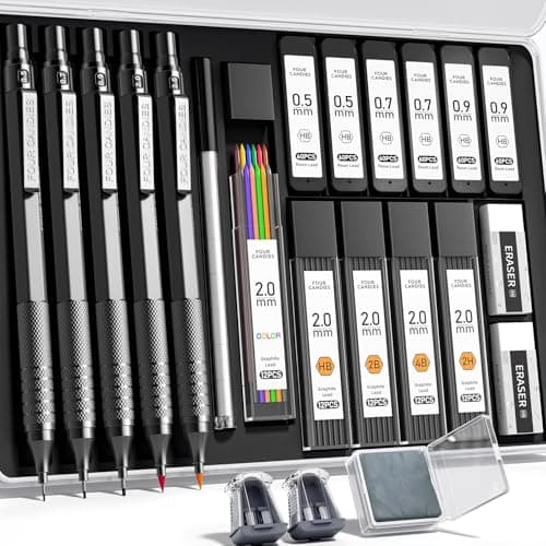 Four Candies Metal Mechanical Pencil Set, 3PCS Art Drafting Pencils 0.5, 0.7, 0.9MM & 2PCS 2MM Mechanical Drawing Pencils with 420PCS Leads (4B 2B HB 2H Color) for Writing Sketching Drawing (Black) - Image 1