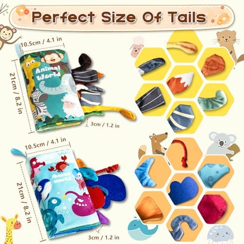 KIDS KING Soft Book Toys for Babies 0-18 Months, 2PCS Crinkle Cloth Books – Animals and Ocean Themes, Tails Sensory Book with Rings for Hang, Montessori Early Learning Infant Toy for 0-6-12-18 Month - Thumbnail 5