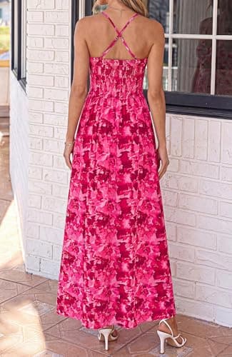 BTFBM Summer Dresses for Women 2026 Spring Floral Spaghetti Strap Smocked Cutout Maxi Dress Resort Beach Vacation Outfit(Floral Rose Red, XX-Large) - Thumbnail 3