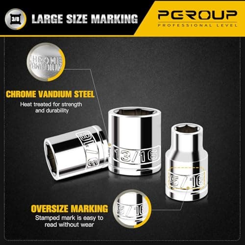 pgroup 10PCS 3/8” Drive Shallow Socket Set, SAE (5/16"-7/8"), 6-Point, Cr-V Steel, Full Polished Chrome Plated Socket With Hanging Bracket, Cover Most Commonly Sizes - Thumbnail 3