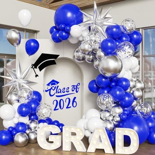 Blue White Silver Balloon Arch Kit, 130Pcs Blue and Silver Graduation Decorations with Foil Star Silver Confetti Balloons for College High School Graduation Decorations Class of 2026 - Image 1