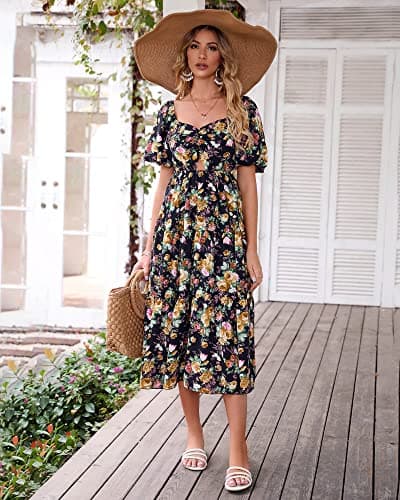 BTFBM Summer Dresses for Women 2026 Spring Outfits Beach Vacation Short Sleeve Smocked Boho Casual Floral Maxi Dress(Floral Black Yellow, Small) - Thumbnail 3