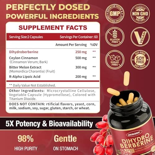 ZEBORA Dihydroberberine 1250mg, Berberine Supplement with Ceylon Cinnamon, Bitter Melon, R-ALA, 5X Potency & Bioavailability - Supports Immune, Digestion & Heart Health, Non-GMO, 120 Capsules - Thumbnail 2