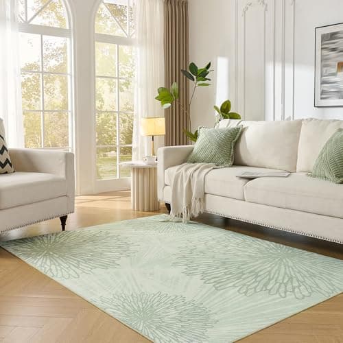 WITSHOCK 5x7 Washable Rug for Living Room,Modern Floral Distress Print Pattern Area Rugs,Stain Resistant with Non Slip Backing Carpet for Dining Room,Bedroom & Home Decor,Green/Light Green - Image 1